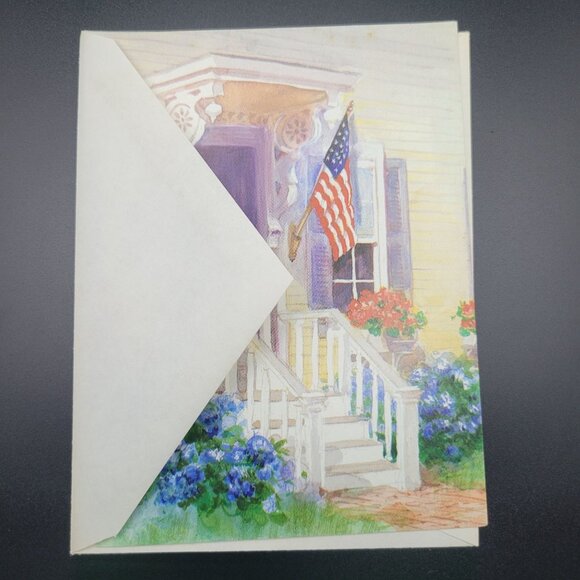 Vintage Greeting Card USA Flag Front Porch with Flowers Art Unused Envelope - Picture 6 of 6